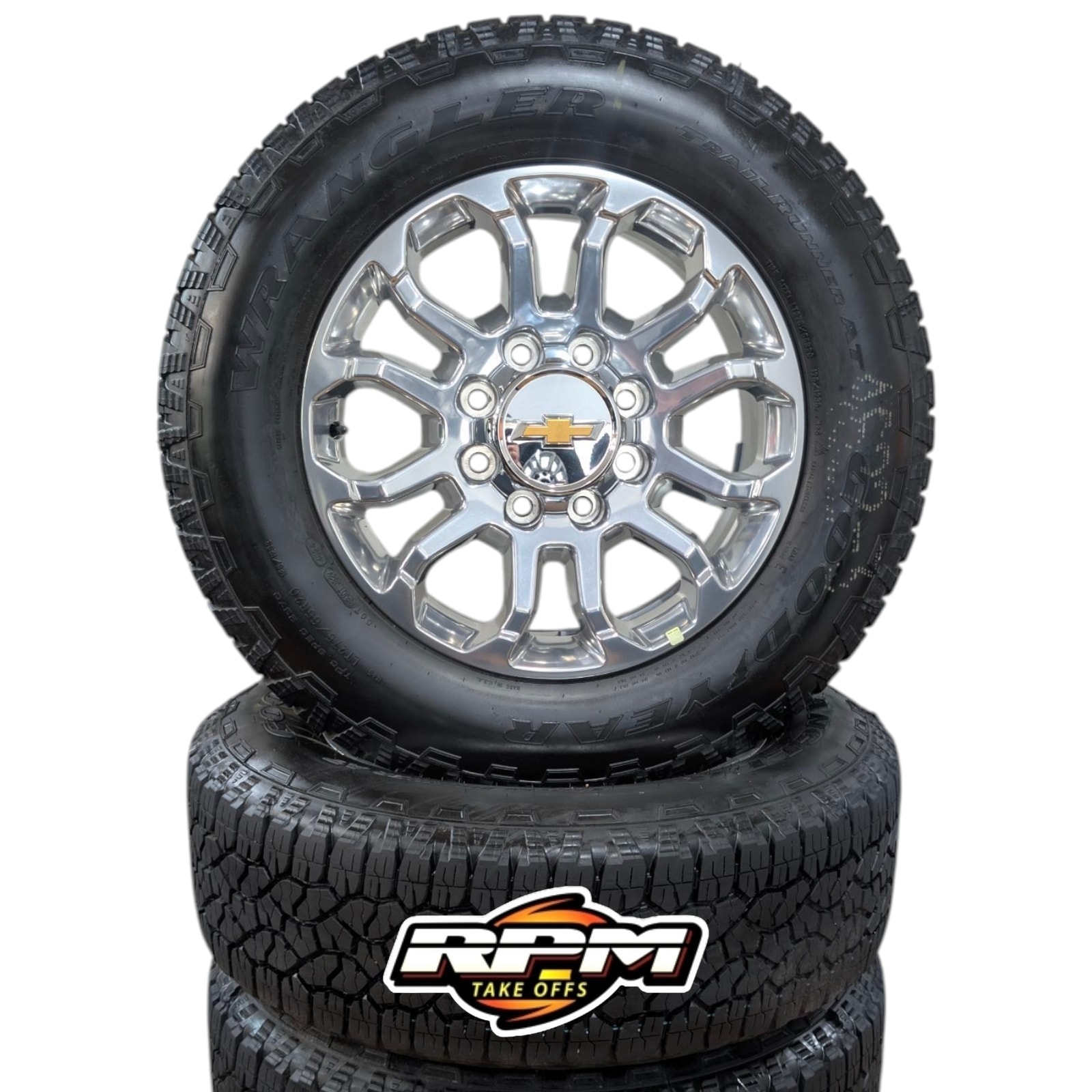 Chevy 2500 LTZ 20" Bright Polished Wheels with LT275/65R20 Goodyear Wrangler TrailRunner AT Tires — Set of 4
