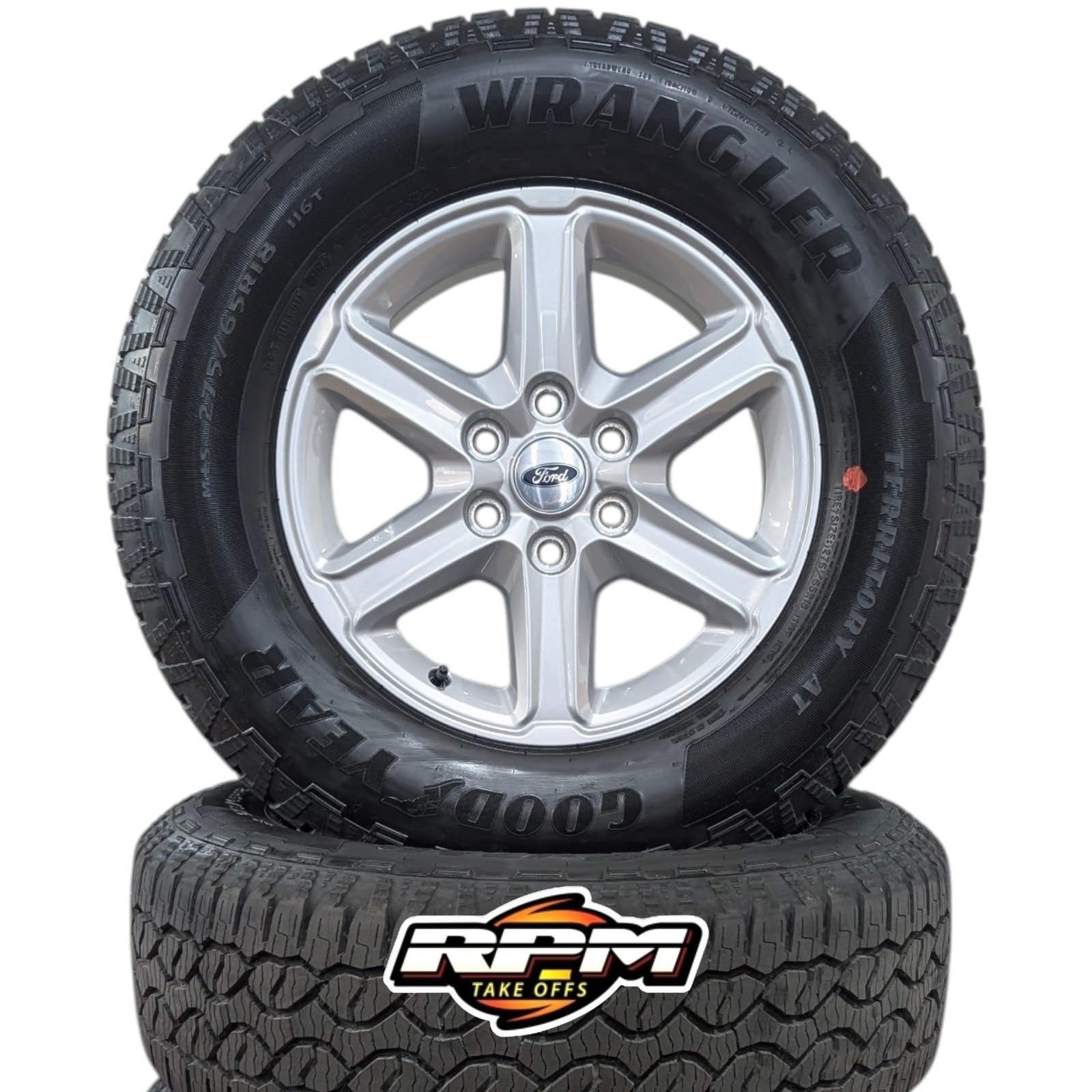 2026 Ford F-150 18" Silver Alloy Wheels with 275/65R18 Goodyear Wrangler Territory AT Tires